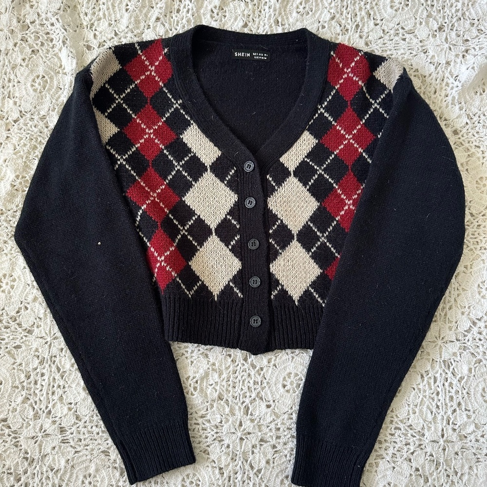 SHEIN Button Down Argyle Cardigan